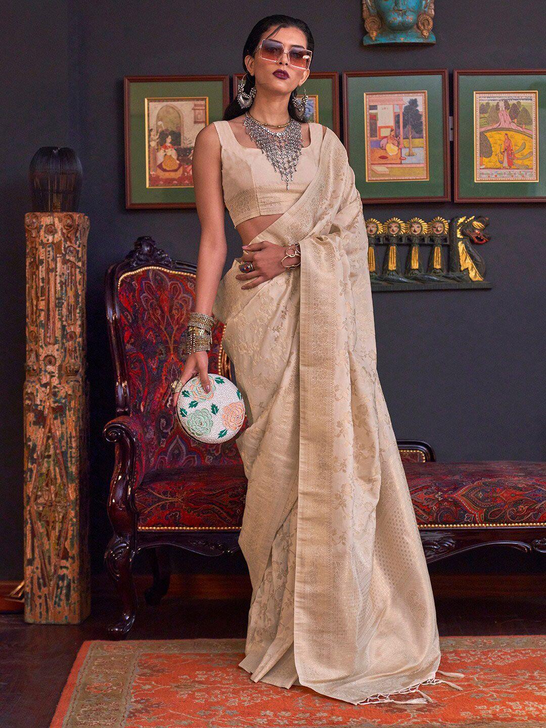 mitera cream-coloured ethnic motifs woven design zari banarasi saree