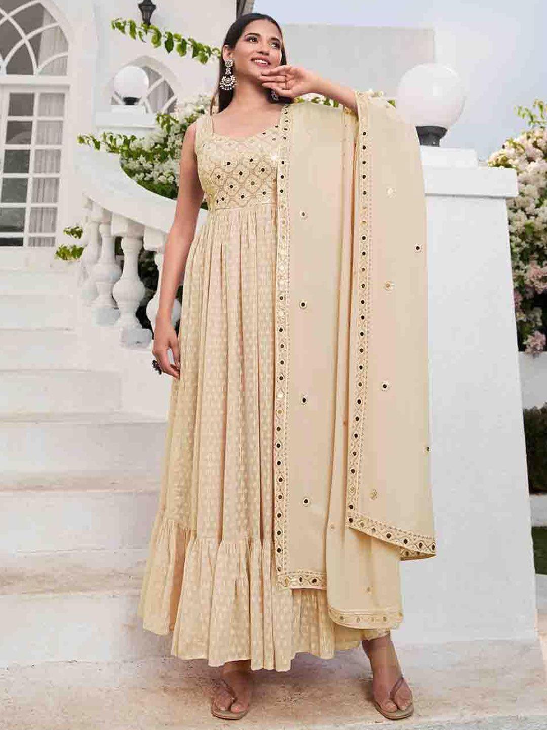 mitera cream-coloured ethnic self design sequined anarkali kurta with palazzos & dupatta