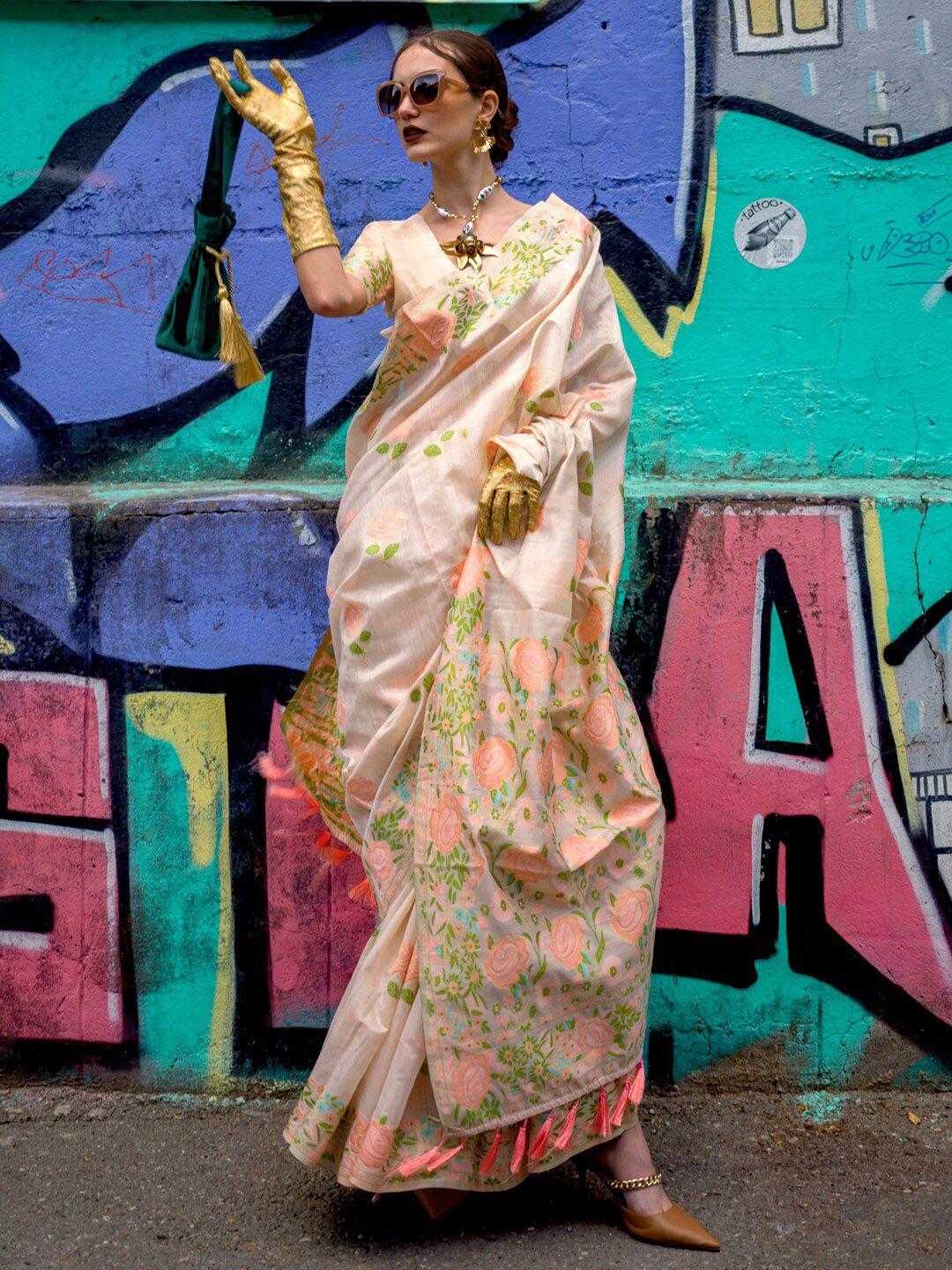 mitera cream-coloured floral designer banarasi saree