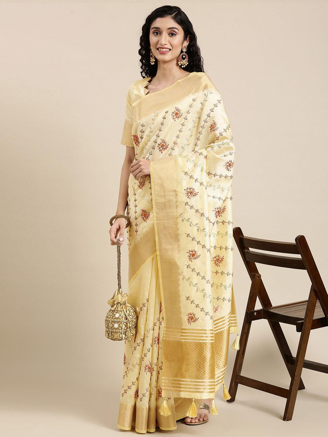 mitera cream-coloured floral embroidered saree