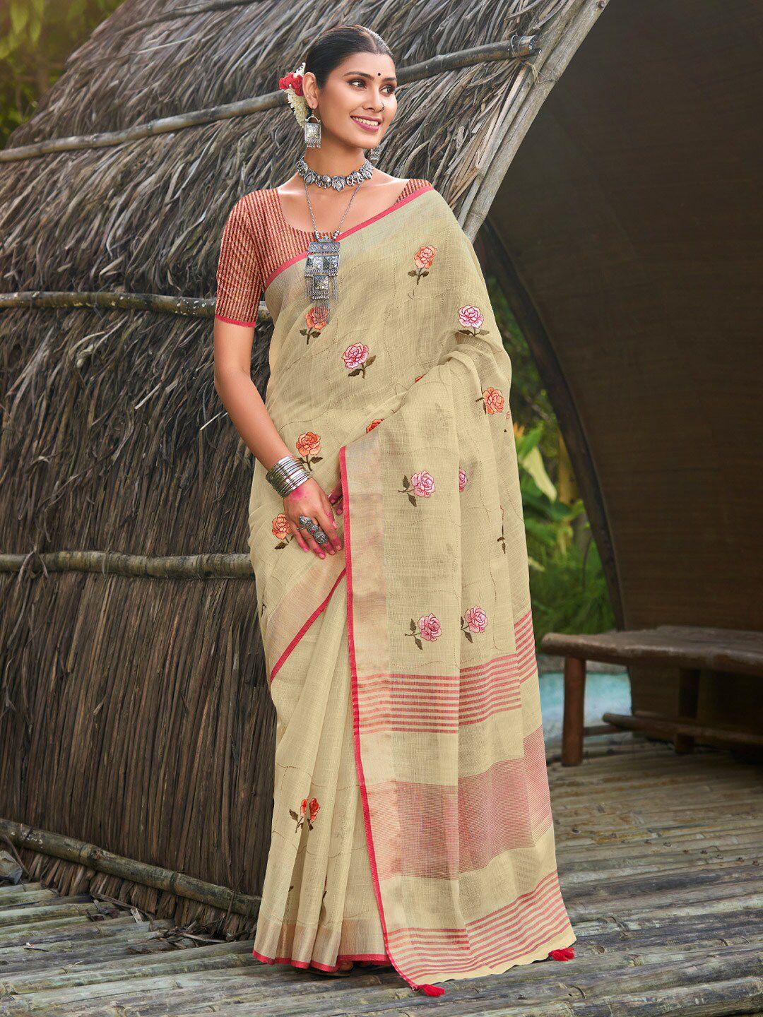 mitera cream-coloured floral embroidered saree