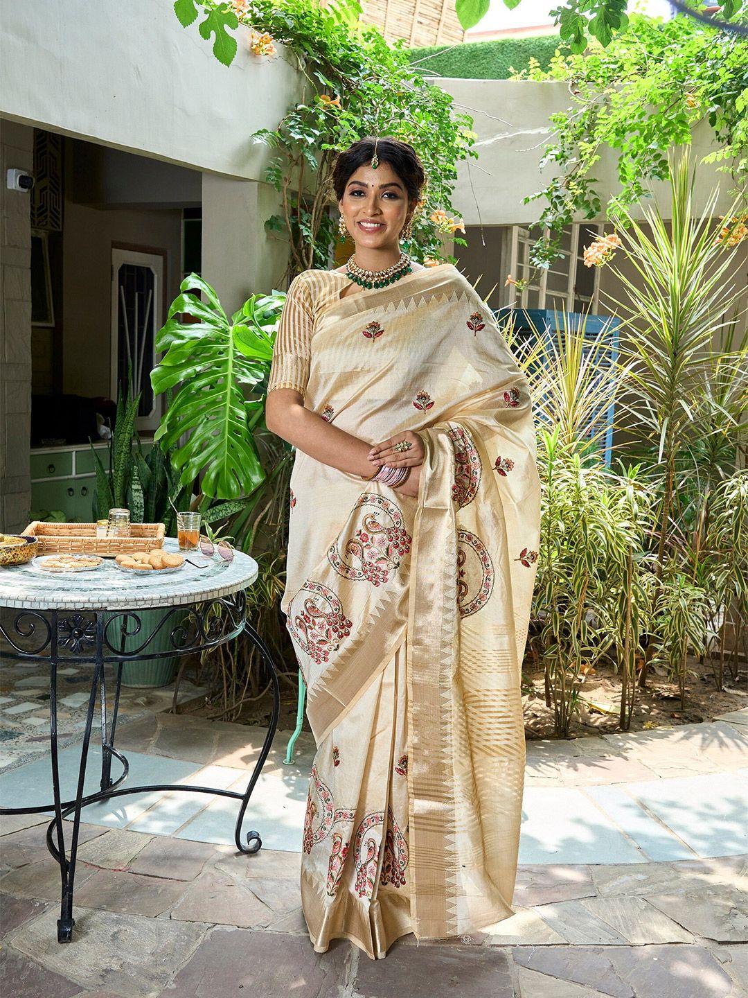 mitera cream-coloured floral embroidered silk cotton designer banarasi saree