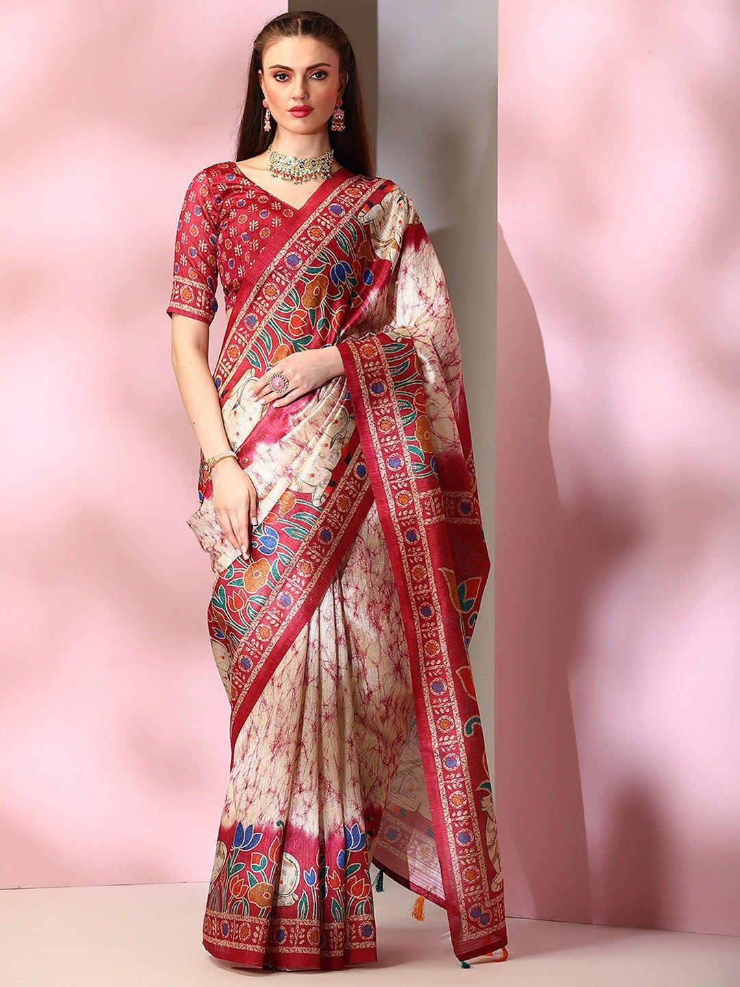 mitera cream-coloured floral printed bagru saree