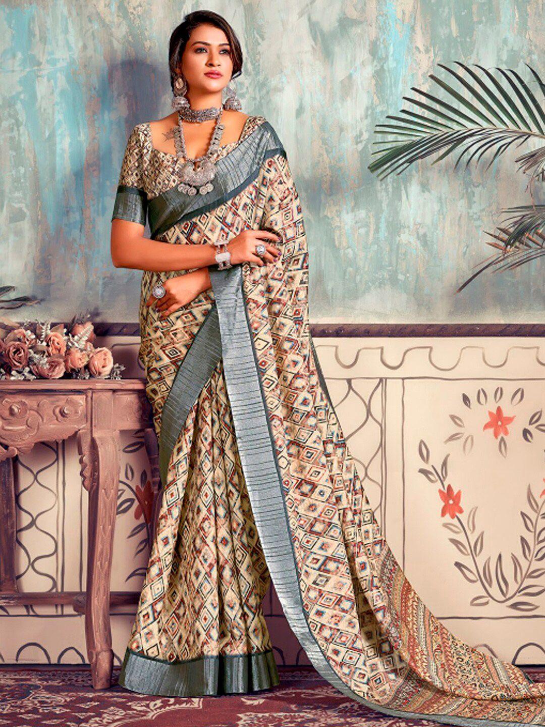mitera cream-coloured geometric printed saree