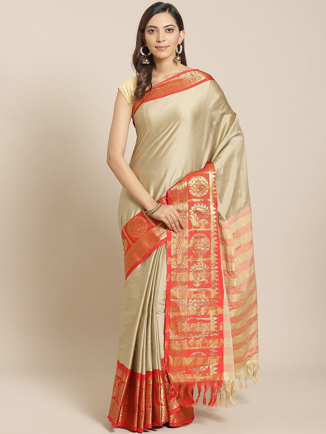 mitera cream-coloured solid banarasi saree