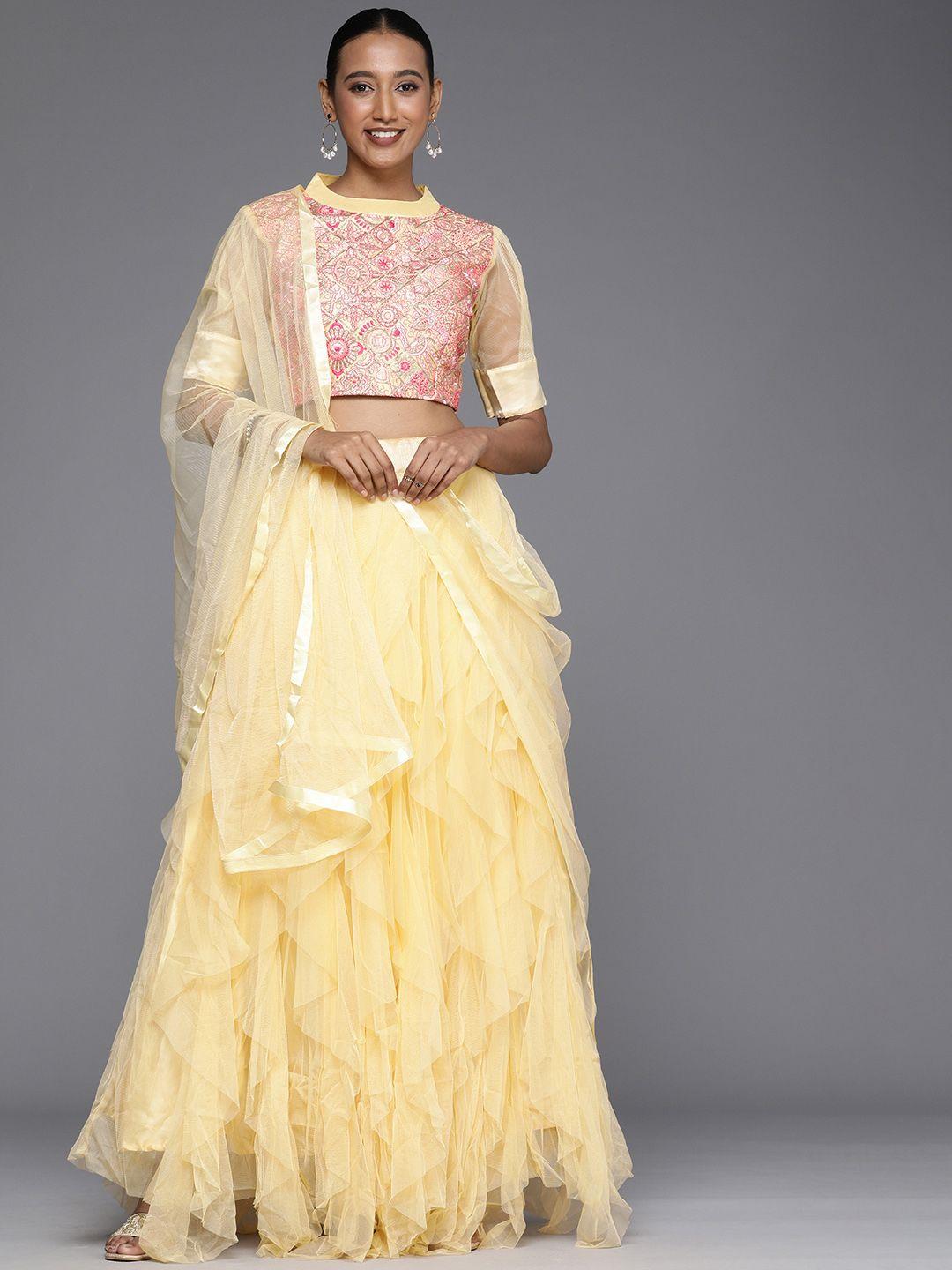 mitera cream-coloured thread work semi-stitched lehenga & unstitched blouse with dupatta