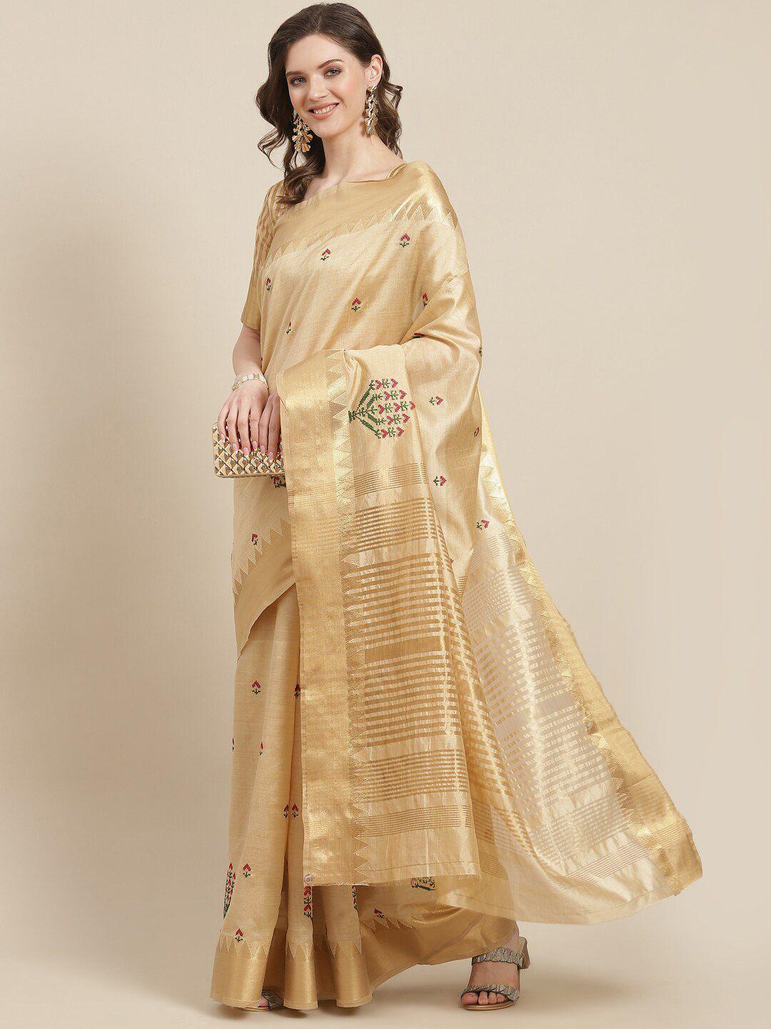 mitera cream ethnic motifs zari silk cotton banarasi saree