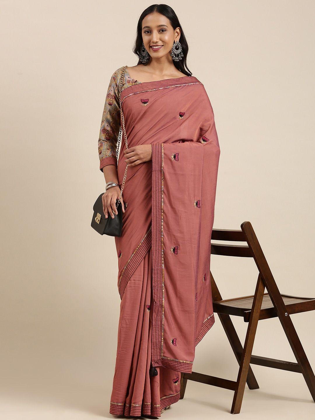 mitera dusty pink ethnic motifs embroidered silk blend saree