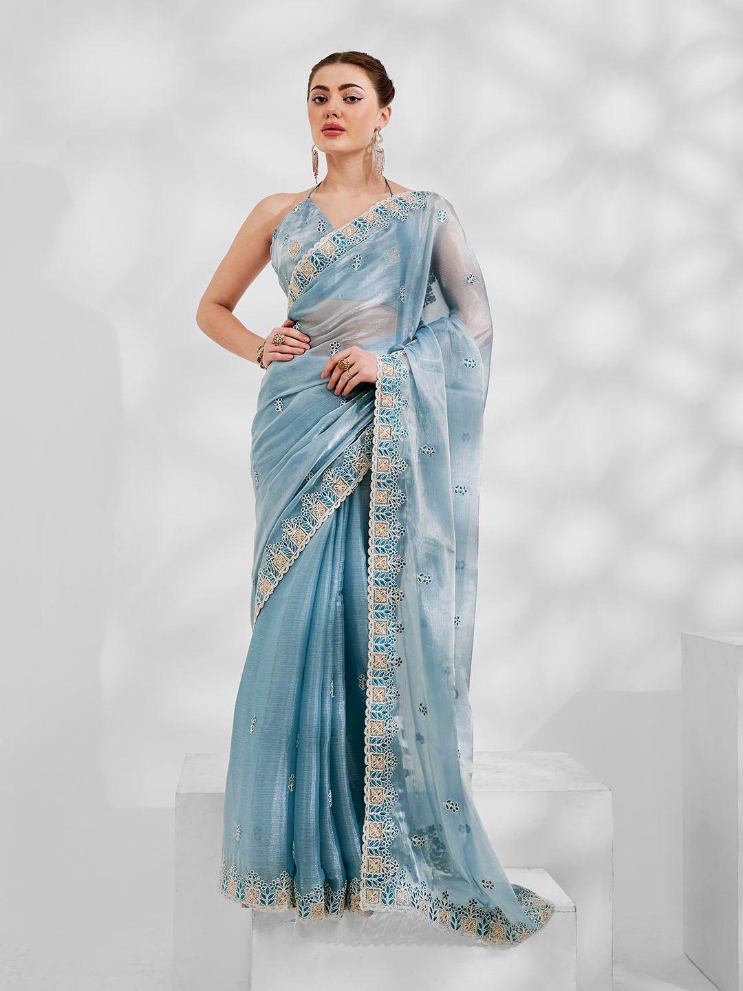 mitera embellished embroidered tissue saree