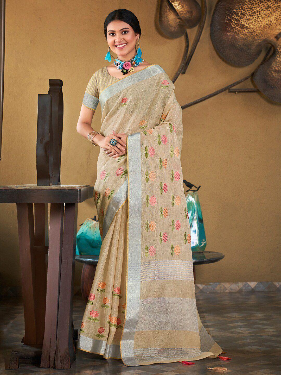 mitera embellished linen blend embroidered designer saree