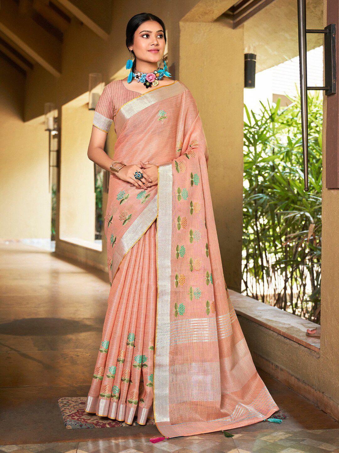 mitera embellished linen blend embroidered designer saree