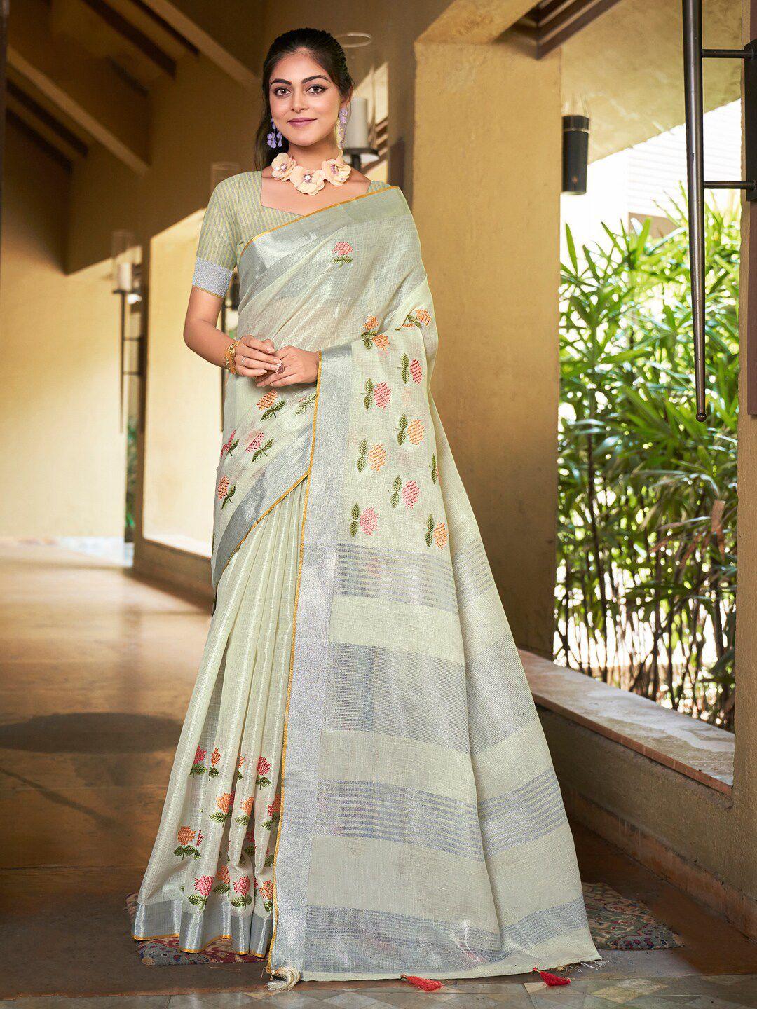 mitera embellished linen blend embroidered designer saree