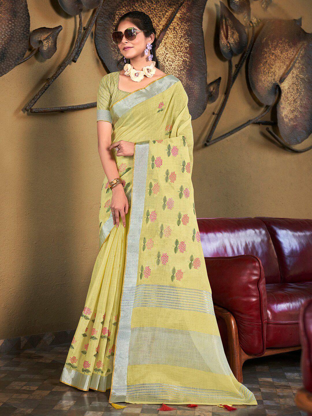 mitera embellished linen blend embroidered designer saree