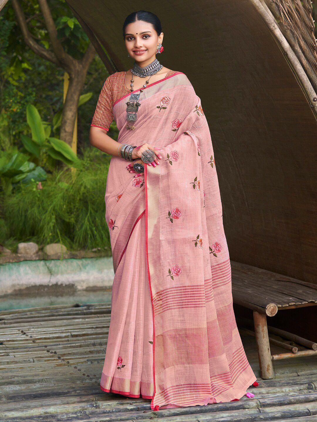 mitera embellished linen blend embroidered designer saree