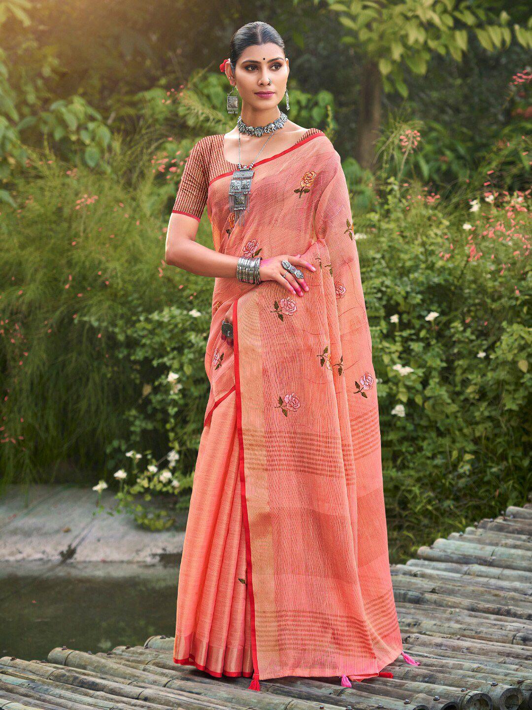 mitera embellished linen blend embroidered designer saree