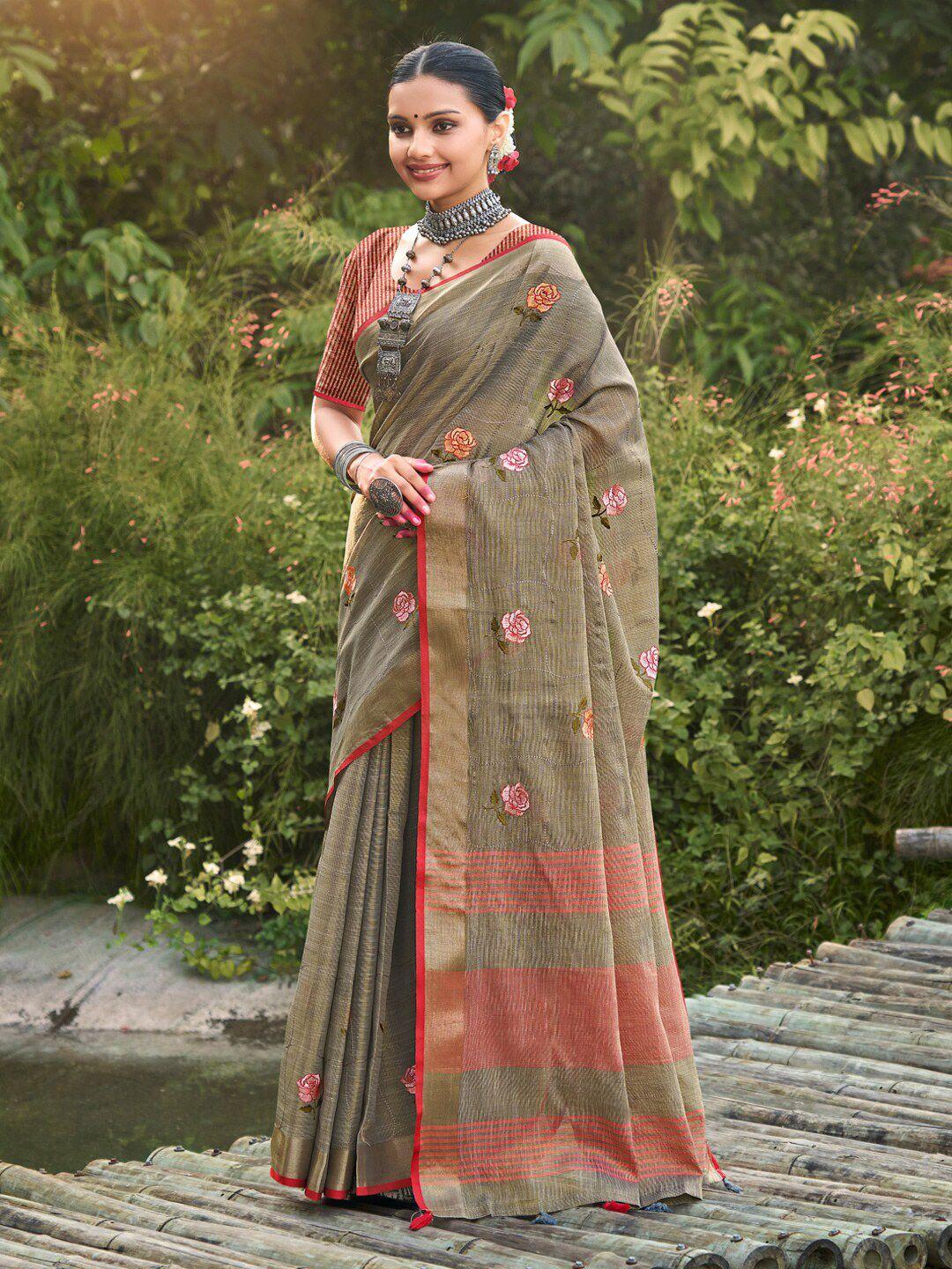 mitera embellished linen blend embroidered designer saree