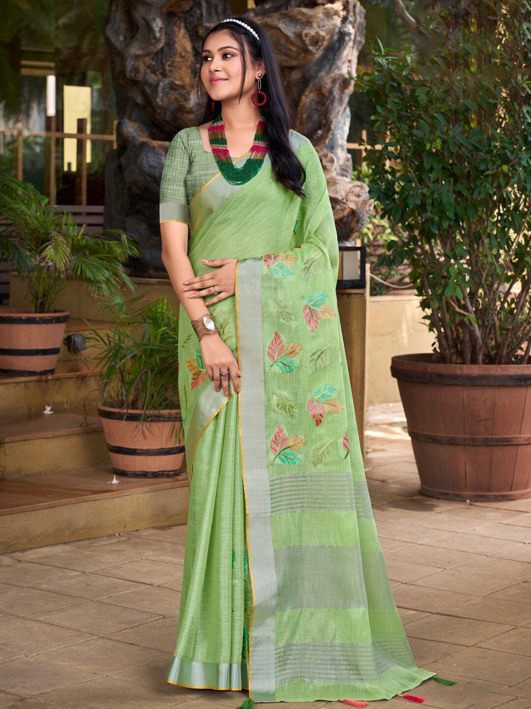 mitera embellished linen blend embroidered designer saree