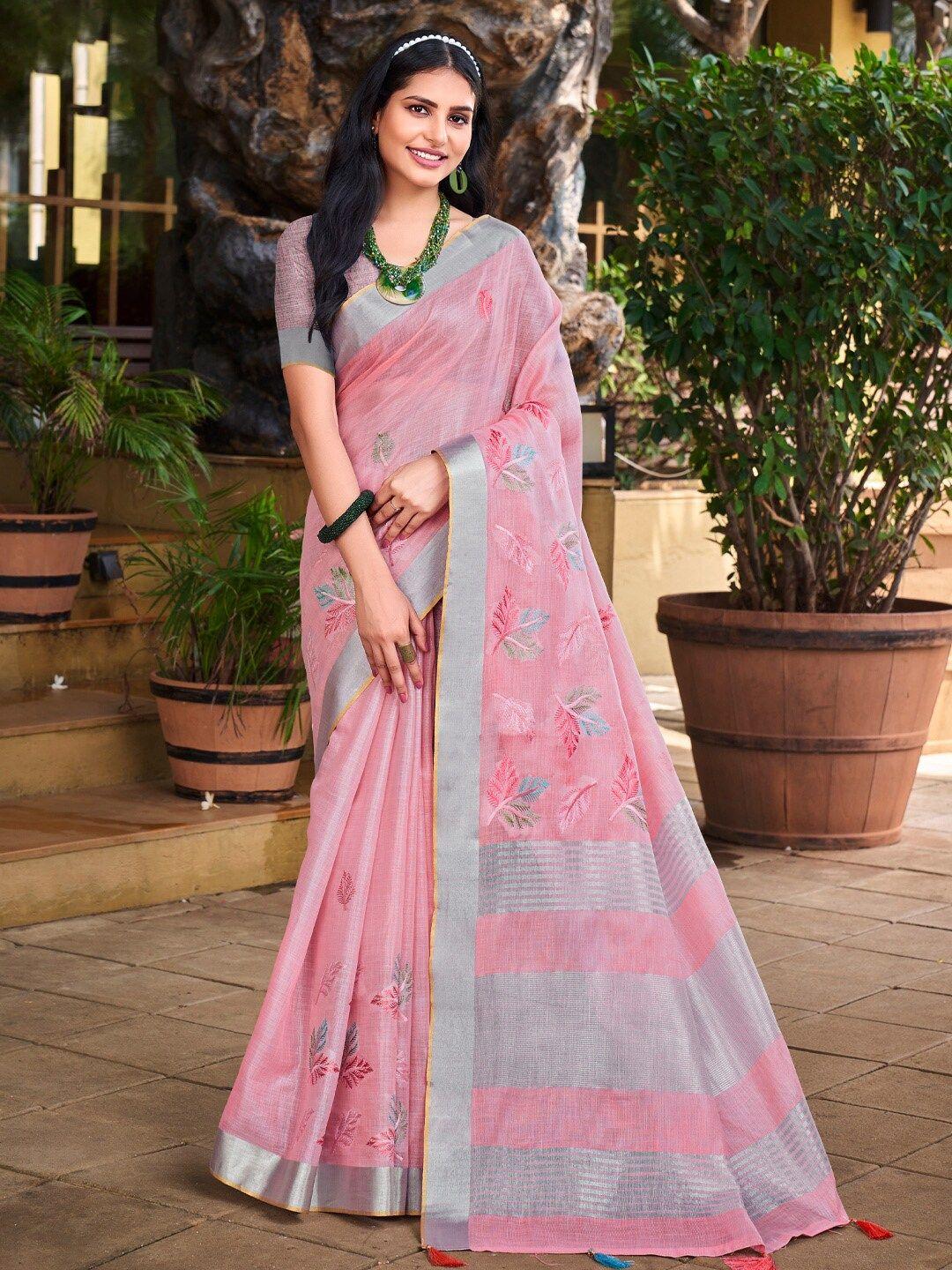 mitera embellished linen blend embroidered designer saree