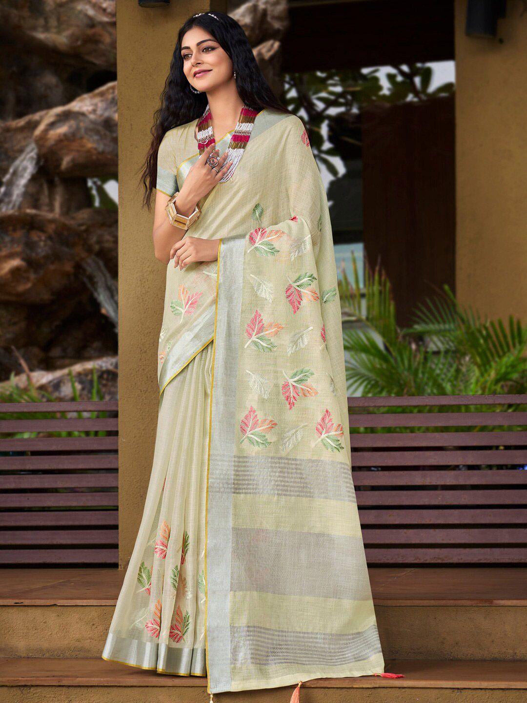 mitera embellished linen blend embroidered designer saree