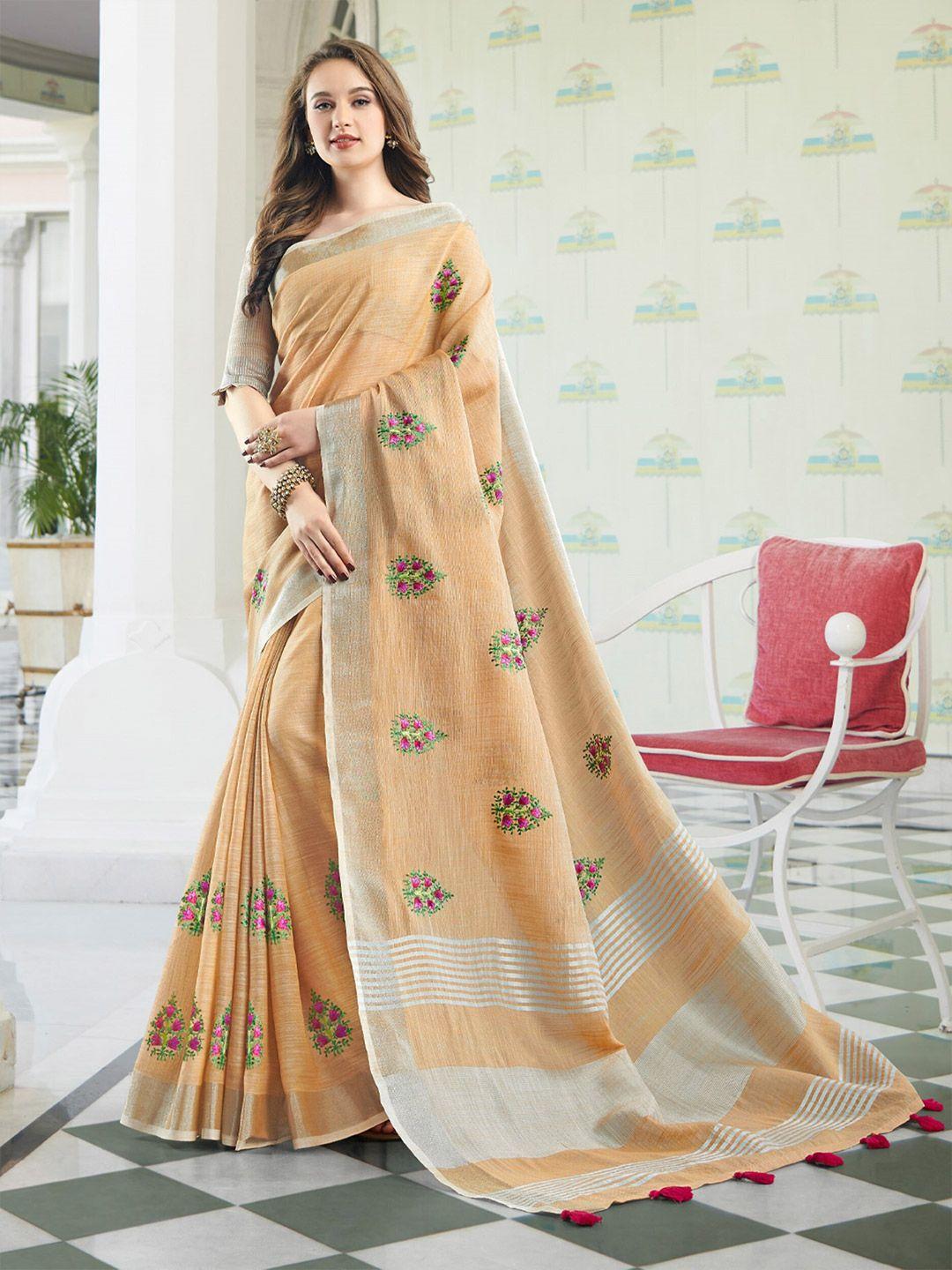 mitera embellished linen blend embroidered designer saree