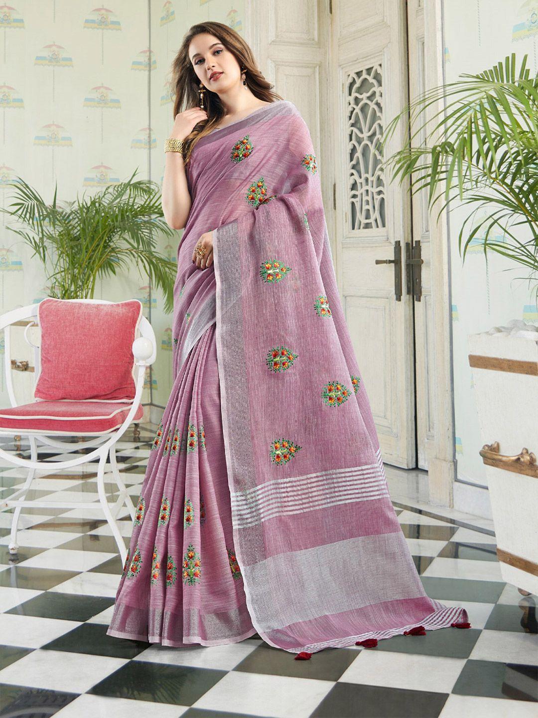 mitera embellished linen blend embroidered designer saree