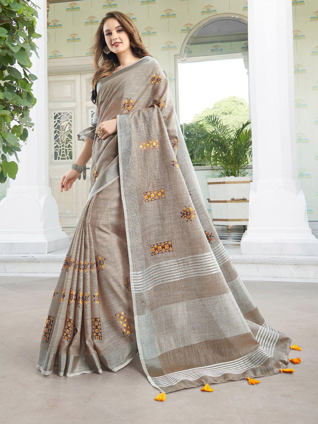 mitera embellished linen embroidered blend designer saree