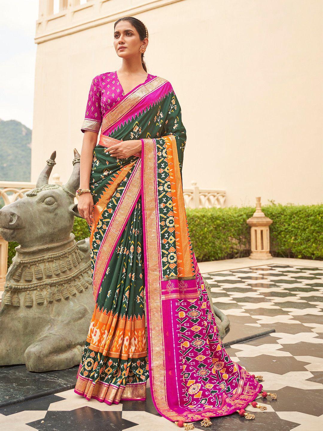 mitera ethnic motif printed beads work pure silk saree