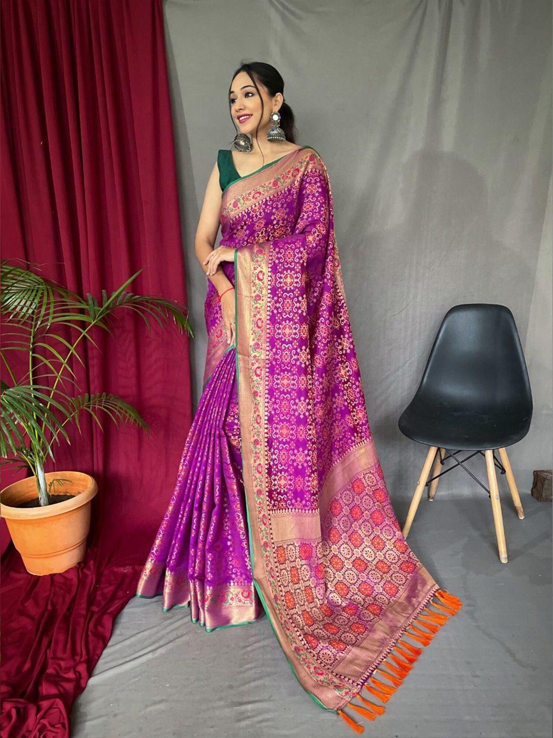 mitera ethnic motif silk blend patola zari saree with tassel