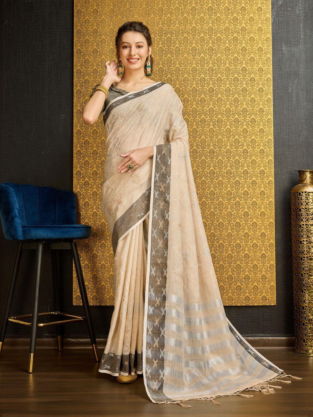 mitera ethnic motifs embroidered pure linen saree