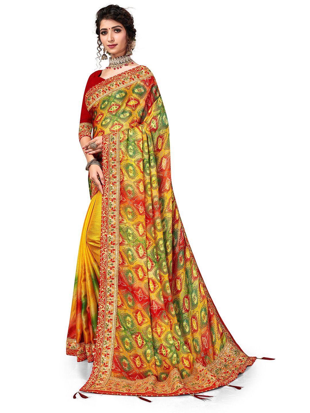 mitera ethnic motifs printed pure chiffon bandhani saree