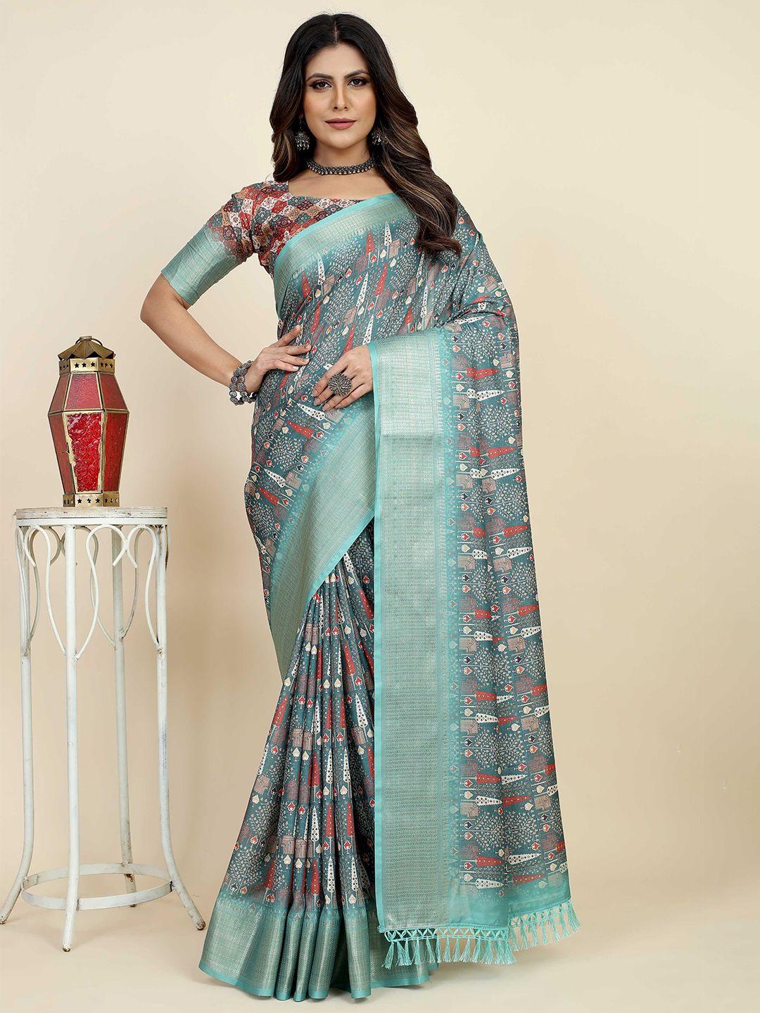 mitera ethnic motifs printed zari silk blend saree