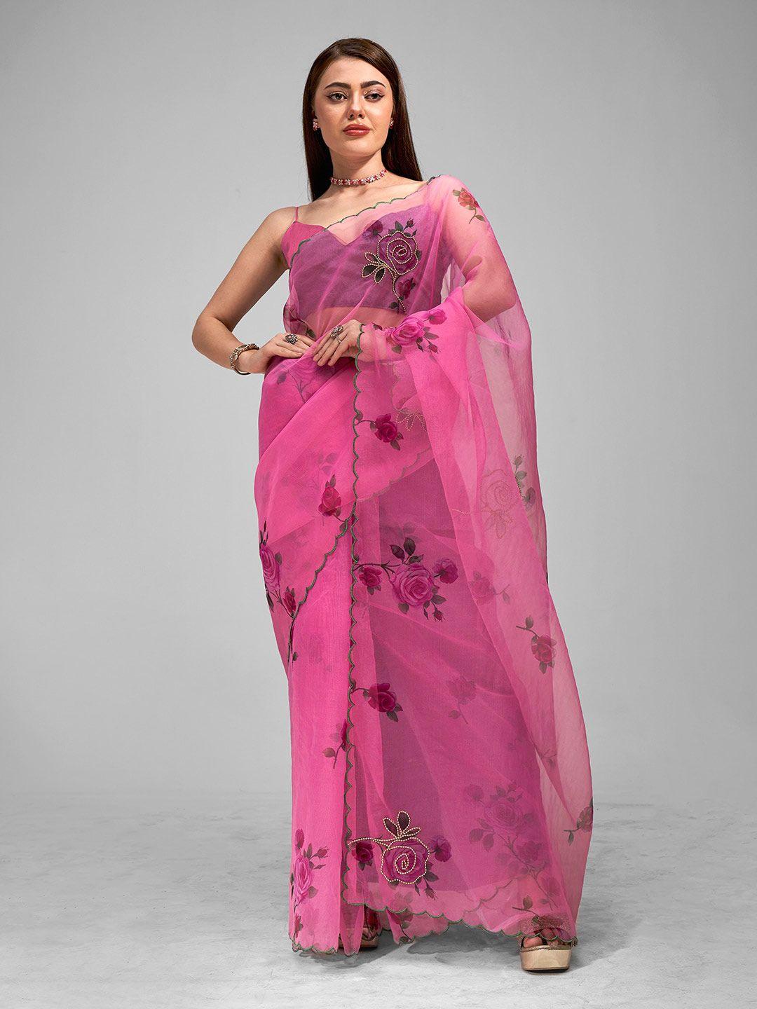 mitera floral embellished beads and stones organza saree