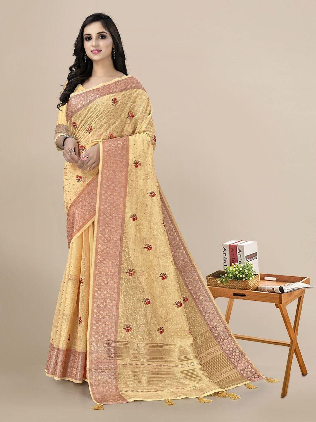 mitera floral embroidered linen blend saree