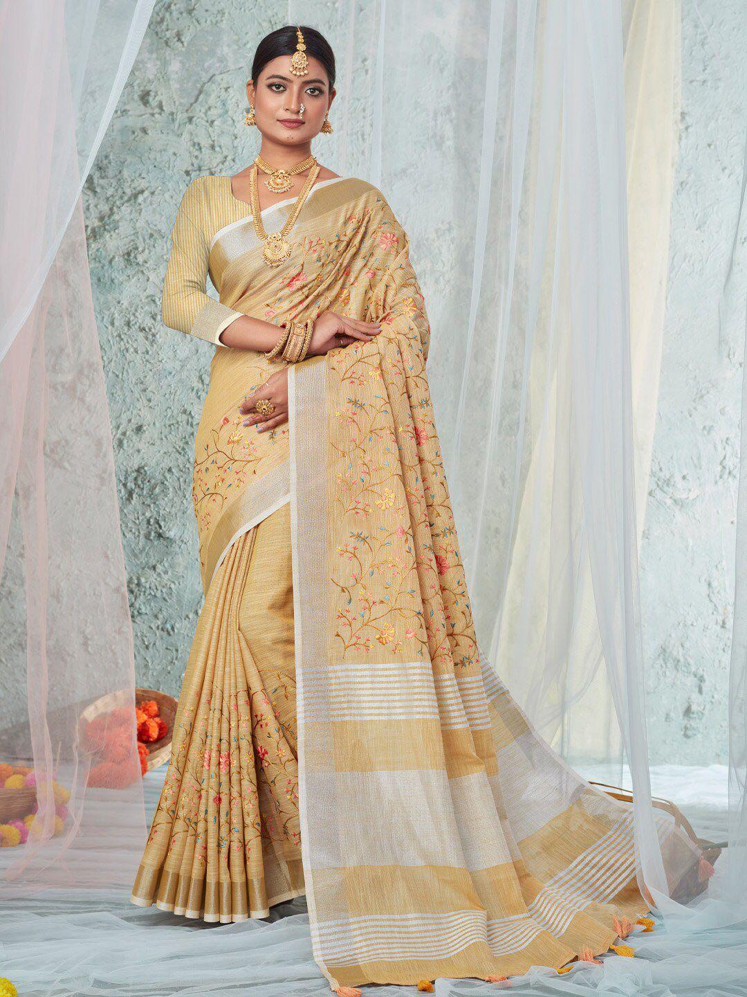 mitera floral embroidered linen blend saree