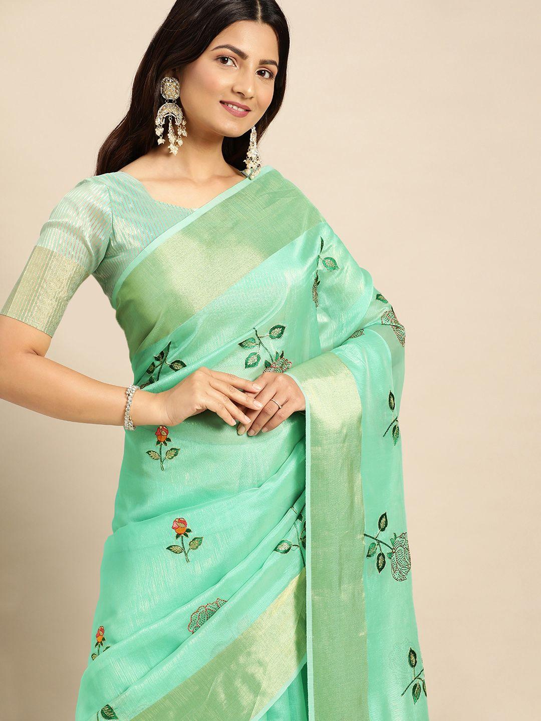 mitera floral embroidered linen silk saree