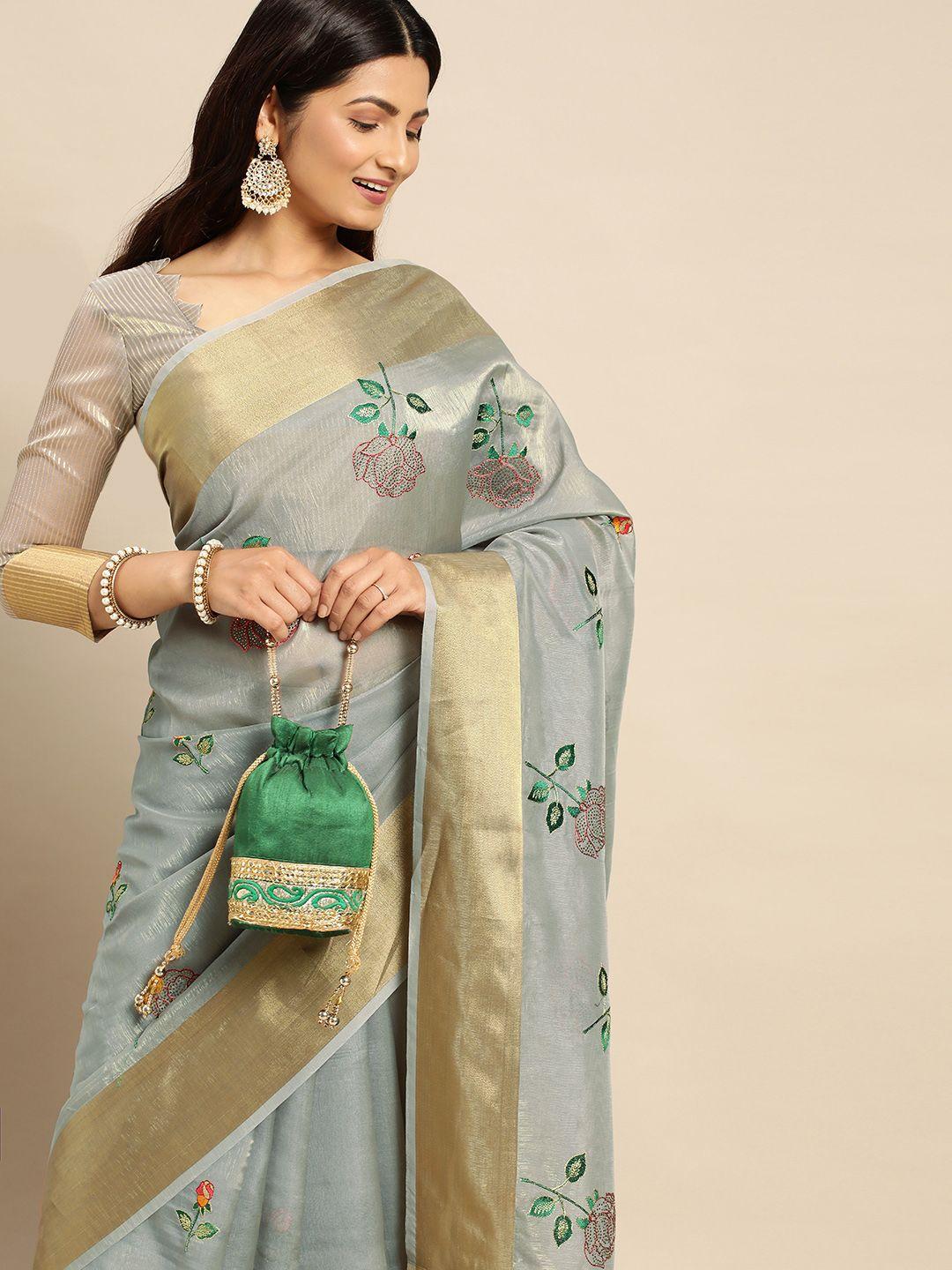 mitera floral embroidered linen silk saree
