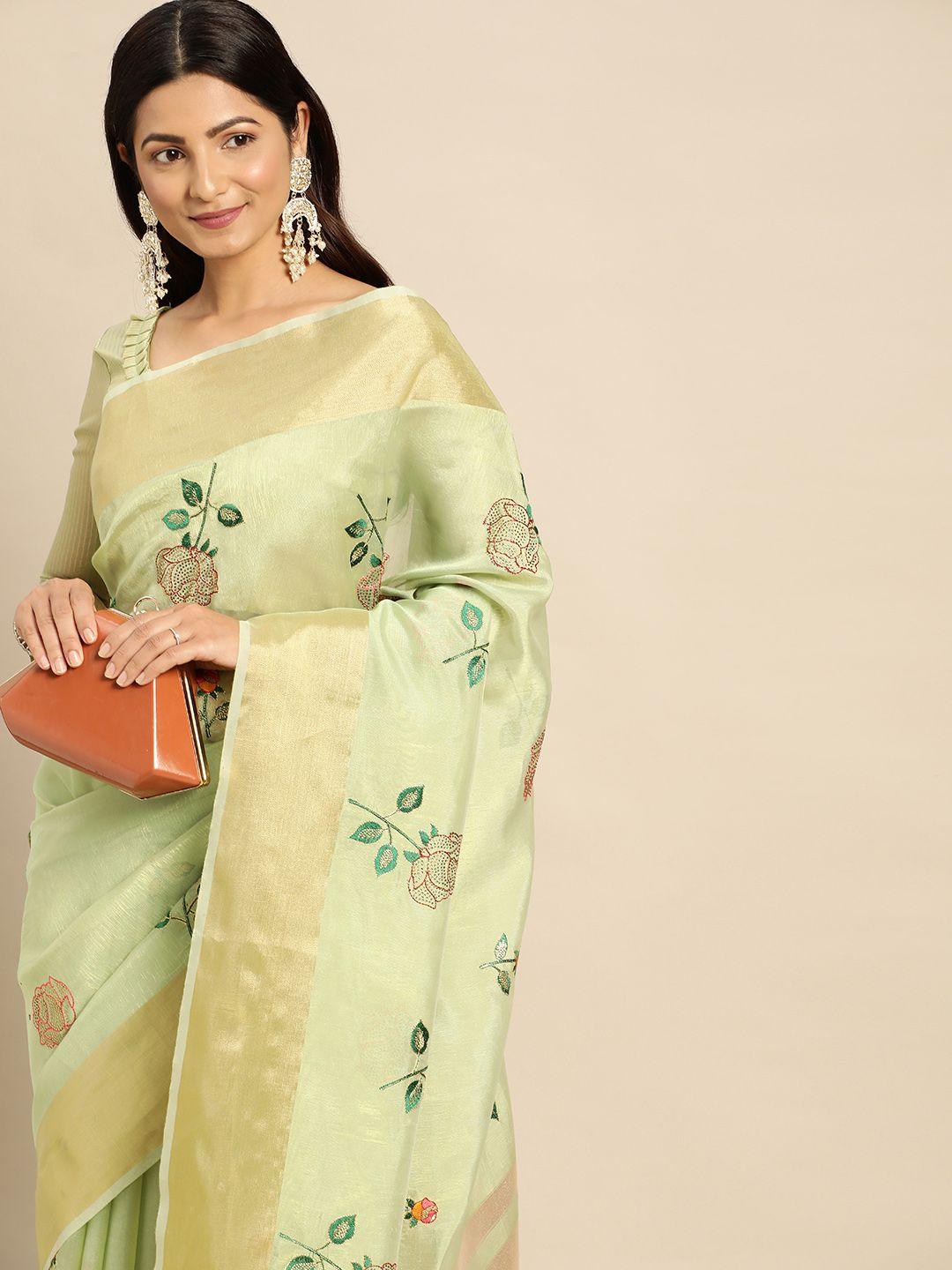 mitera floral embroidered linen silk saree