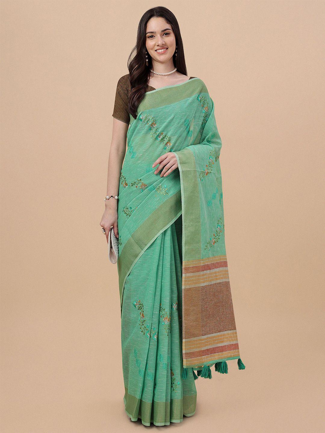 mitera floral embroidered pure linen chanderi saree