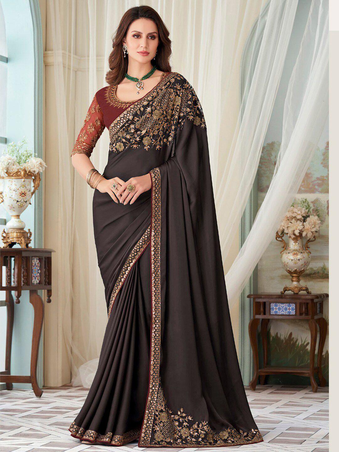 mitera floral embroidered satin saree