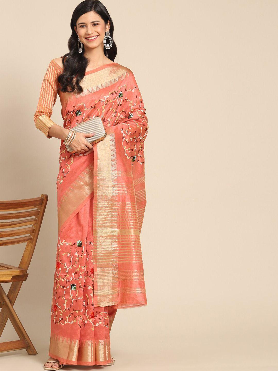 mitera floral embroidered zari assam silk cottton saree