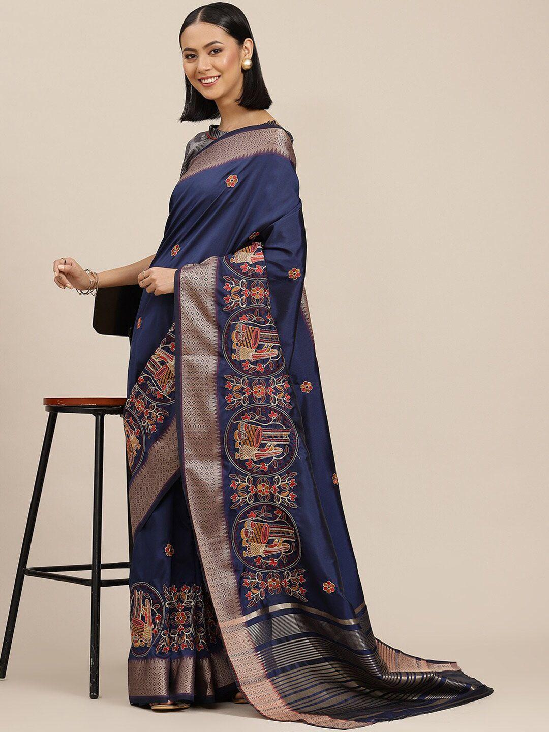 mitera floral embroidered zari detail silk cotton saree