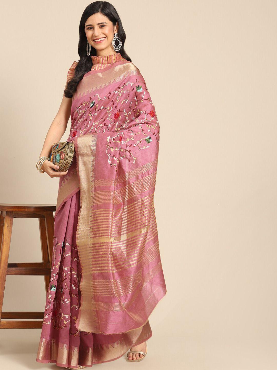 mitera floral embroidered zari silk cotton mysore silk saree