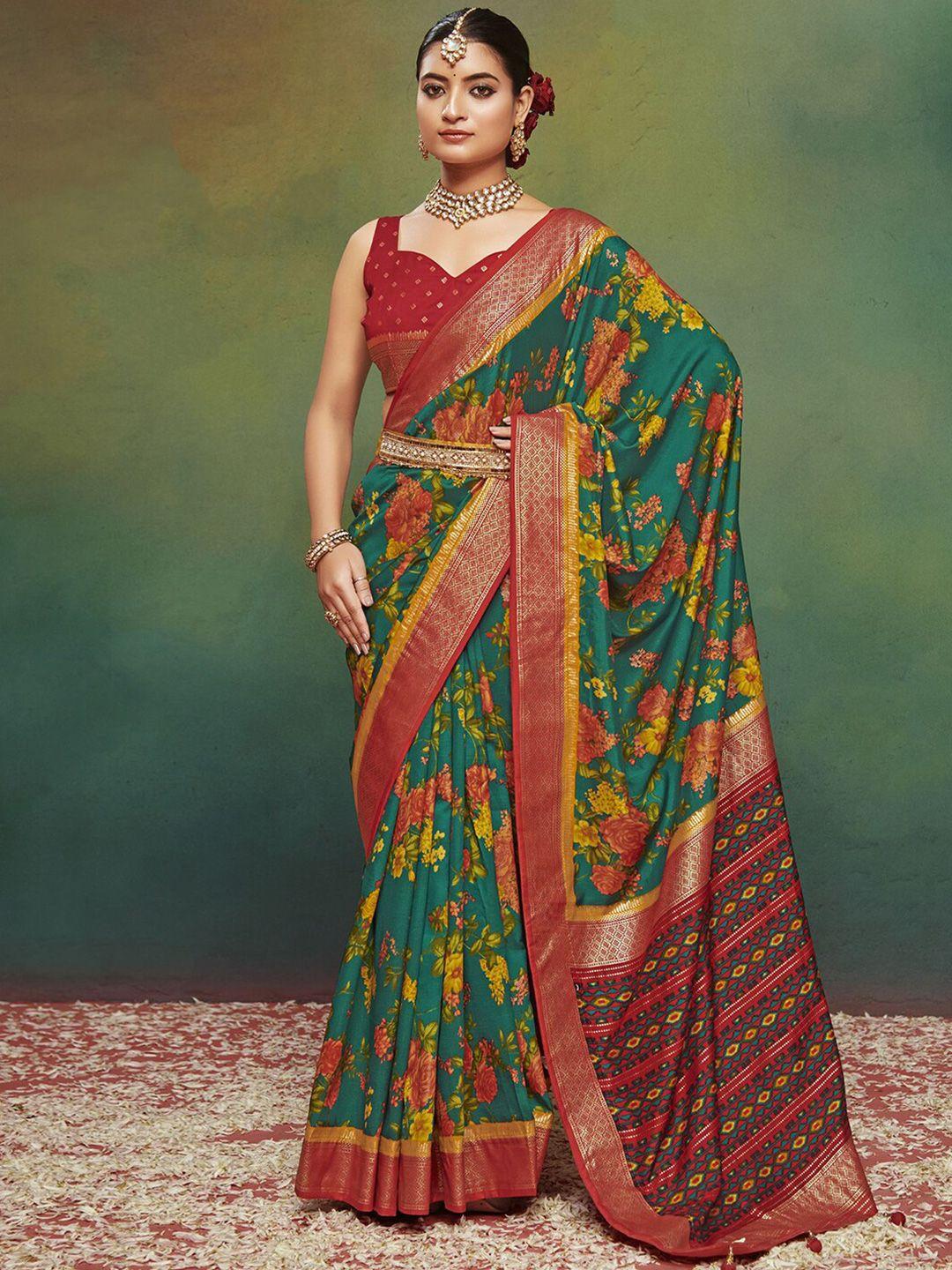 mitera floral print zari silk blend belted saree