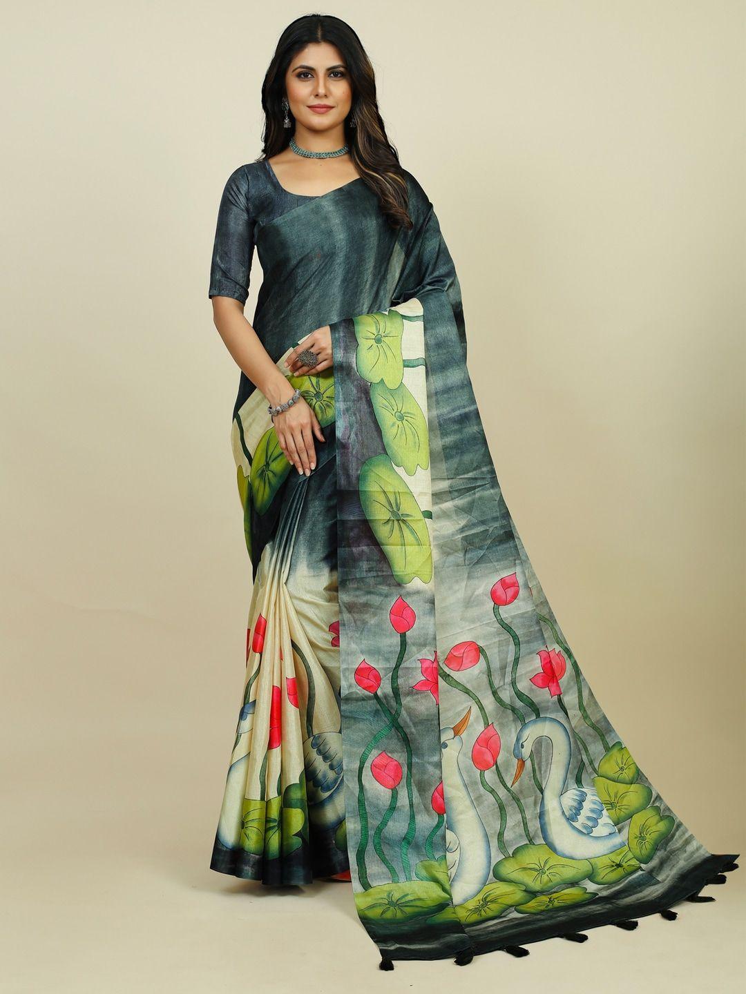 mitera floral printed silk cotton dabu saree