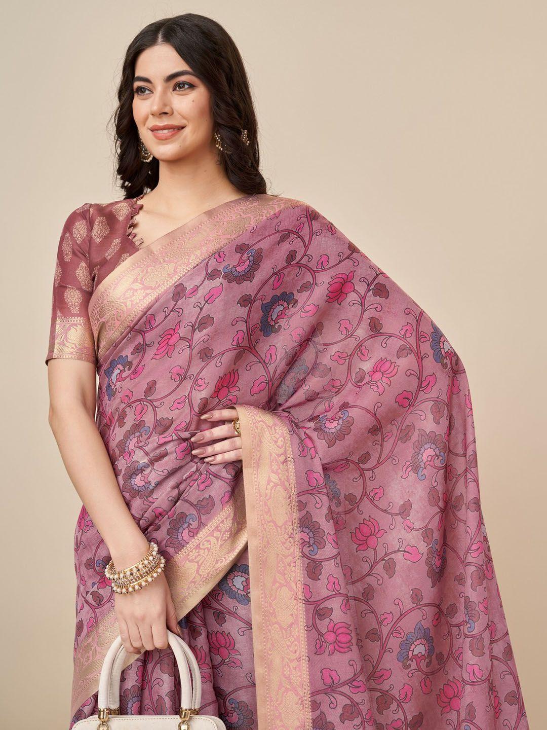 mitera floral printed woven design silk cotton zari saree