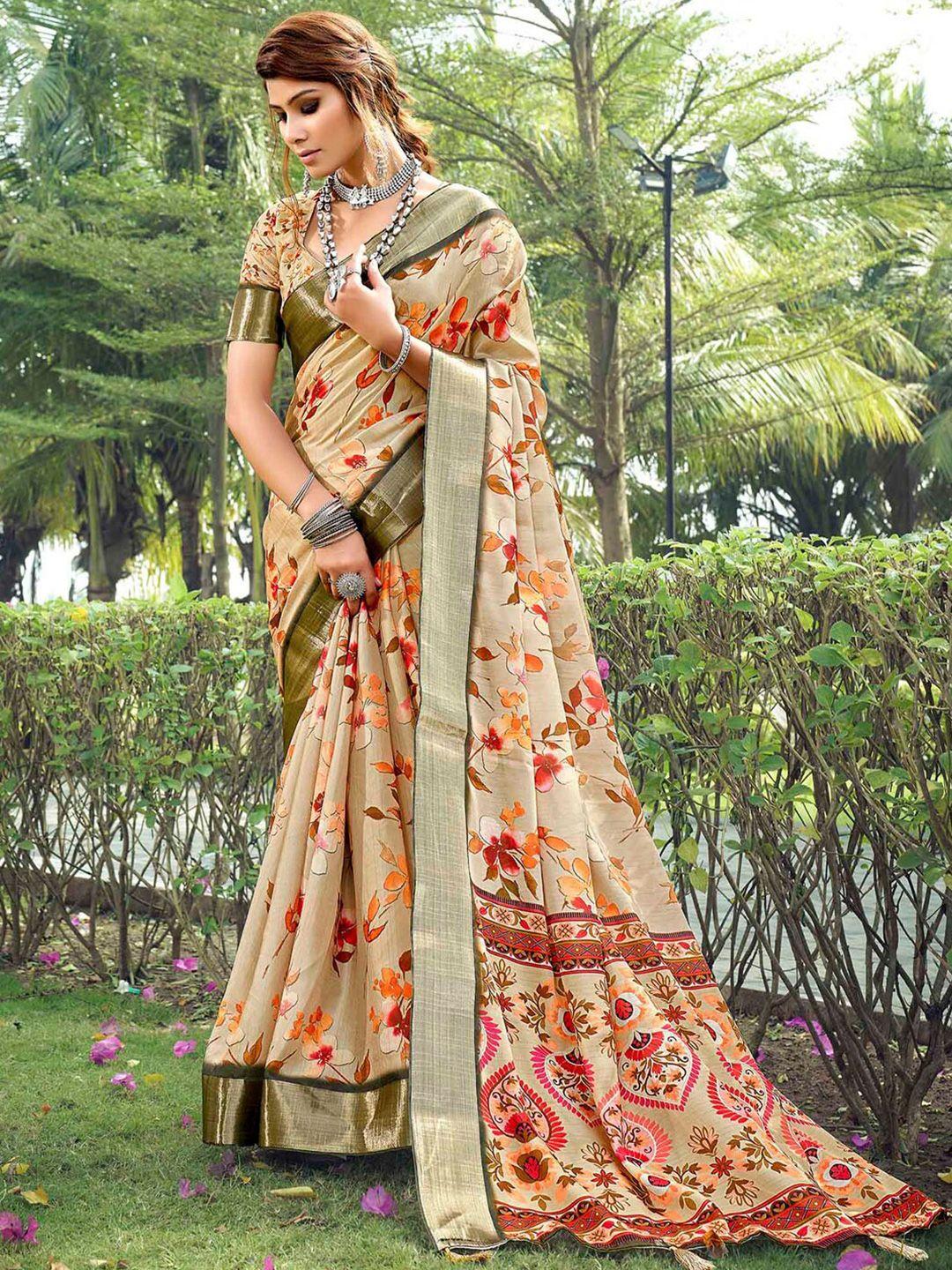 mitera floral printed woven design zari sungudi saree