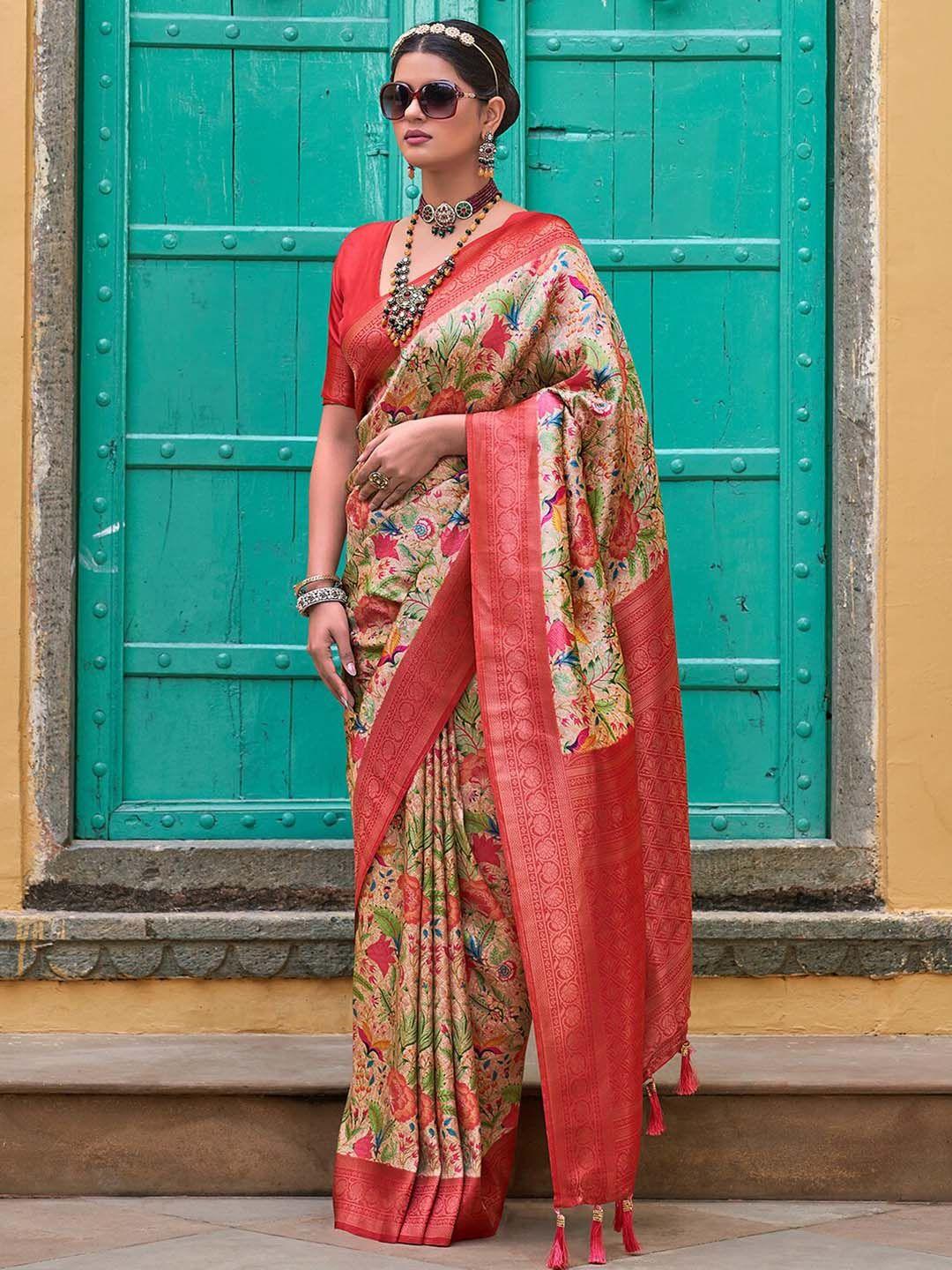 mitera floral printed zari art silk sungudi jacquard saree