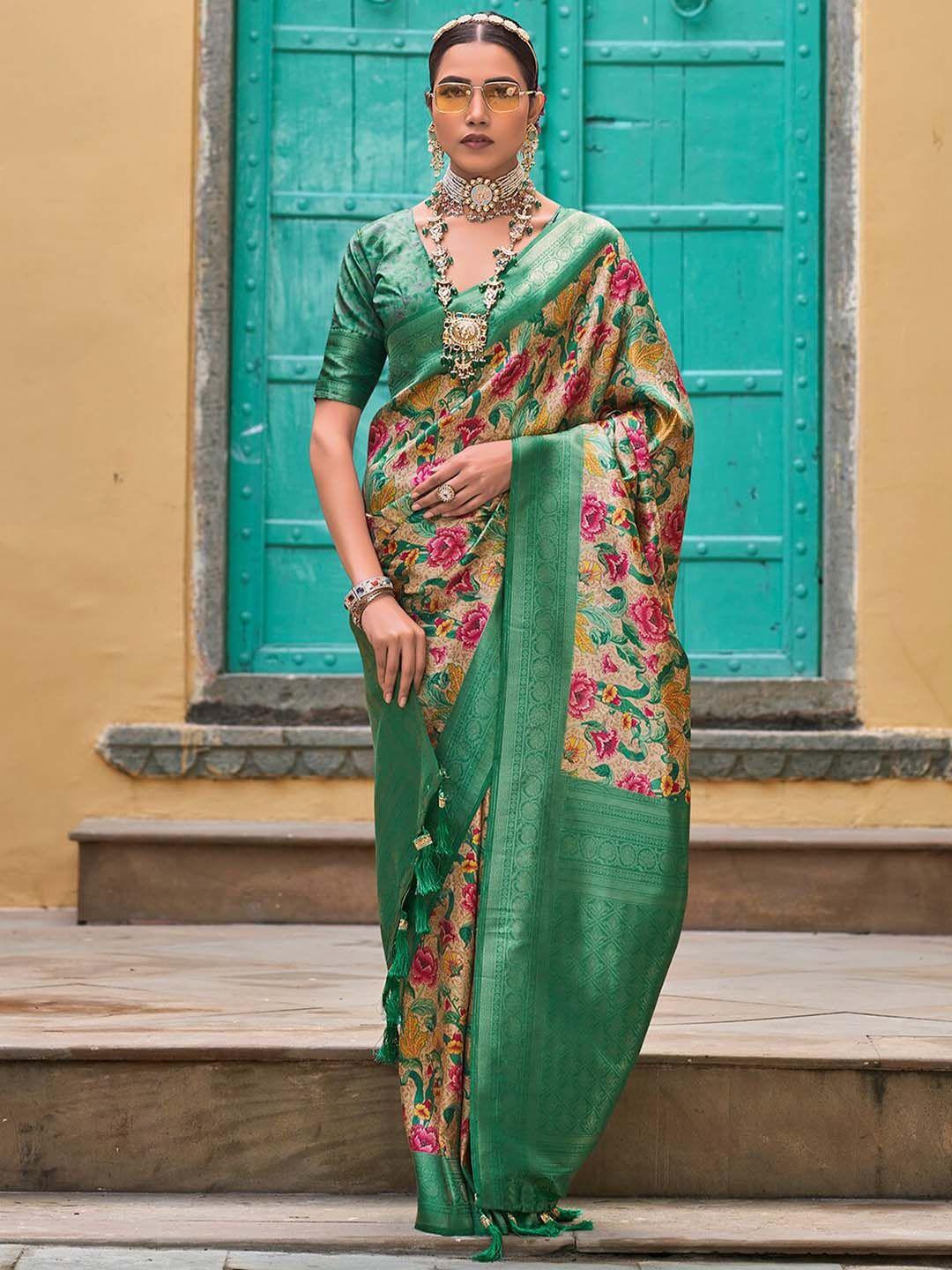 mitera floral printed zari art silk sungudi saree