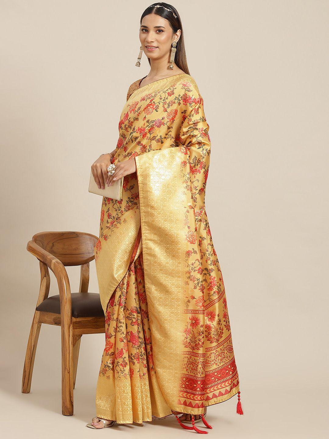 mitera floral printed zari banarasi saree