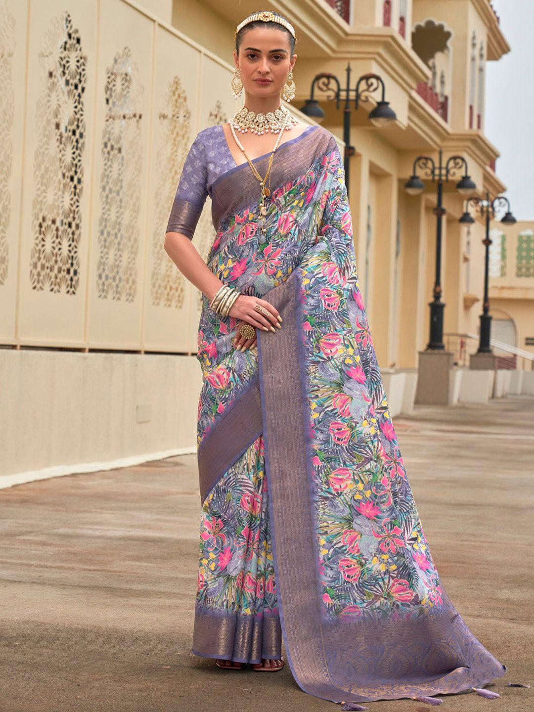 mitera floral printed zari banarasi saree